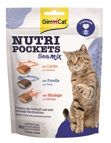 GimCat MeereMix Katzensnacks – Knusprige Leckerlis mit Thunfisch, Lachs und Garnelen