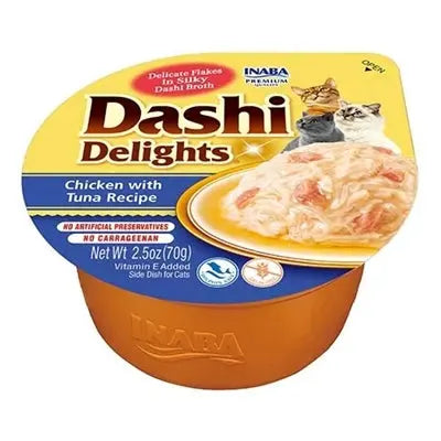 Inaba Dashi Delights Huhn Thunfisch Katzenfutter geöffnet – Nassfutter Brühe Stücke Nahaufnahme