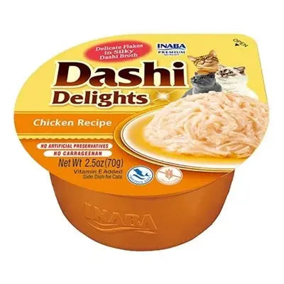 Inaba Dashi Delights Huhn Katzenfutter geöffnet – zartes Hühnchen Dashi-Brühe Nahaufnahme