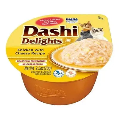 Inaba Dashi Delights Huhn Käse Katzenfutter geöffnet – Nassfutter Brühe Stückchen Nahaufnahme
