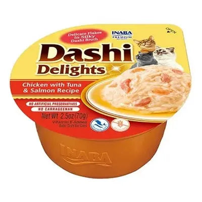 Inaba Dashi Delights Huhn Thunfisch Lachs geöffnet – Katzenfutter Brühe Fleischstücke Nahaufnahme