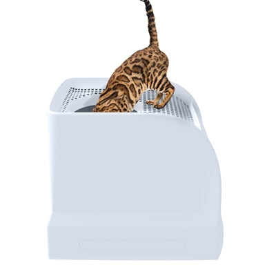 Imac Katzentoilette Frida blau Detailansicht – Katzenklo mit herausziehbarer Schublade seitlich