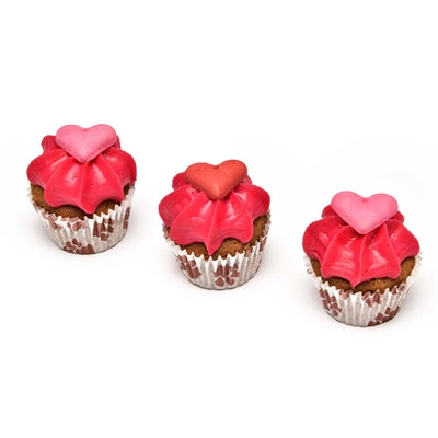 Barking Bakery Valentinstag Mini-Woofins Detailansicht – glasierte Hunde-Muffins Trio Nahaufnahme