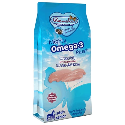 Renske Mighty Omega Plus Huhn Reis Detailansicht – hypoallergenes Hundefutter Verpackung Rückseite