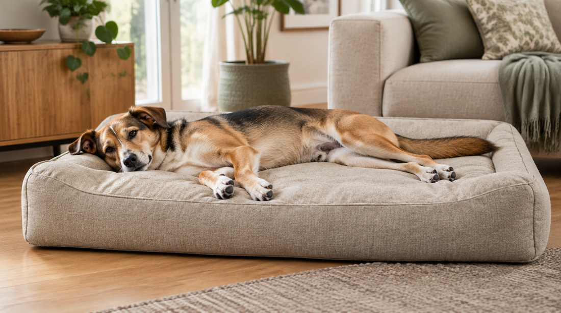 Entspannter Hund liegt mit Kopf, Körper und Beinen auf einem großzügigen rechteckigen Hundebett.