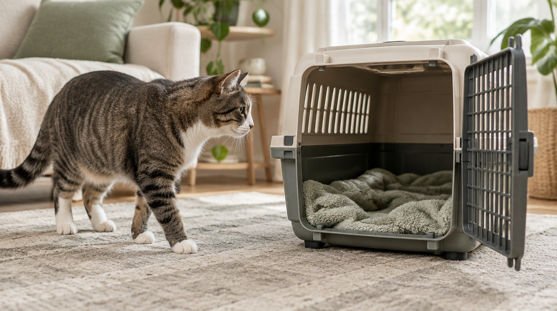 Katze steht entspannt vor einer vollständig geöffneten, geräumigen Transportbox mit einer Decke.