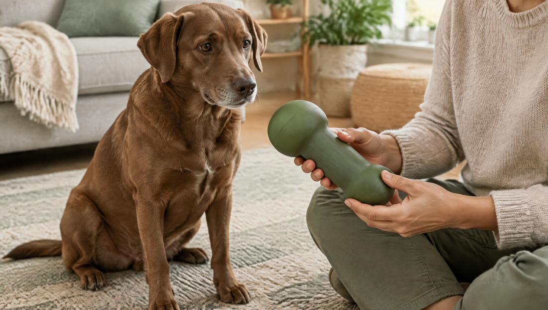 Ein brauner Hund sitzt neben einer Person, die ein großes grünes Hundespielzeug in den Händen hält.