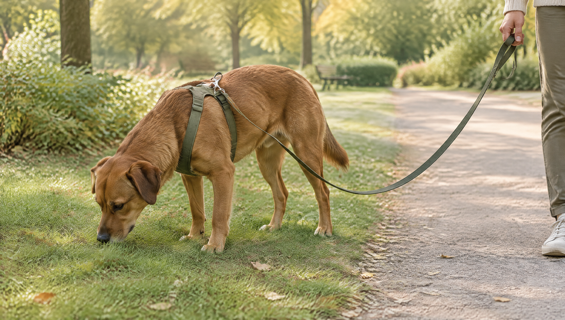 Ein Hund mit Geschirr schnüffelt an lockerer Leine im Gras neben einem Parkweg.