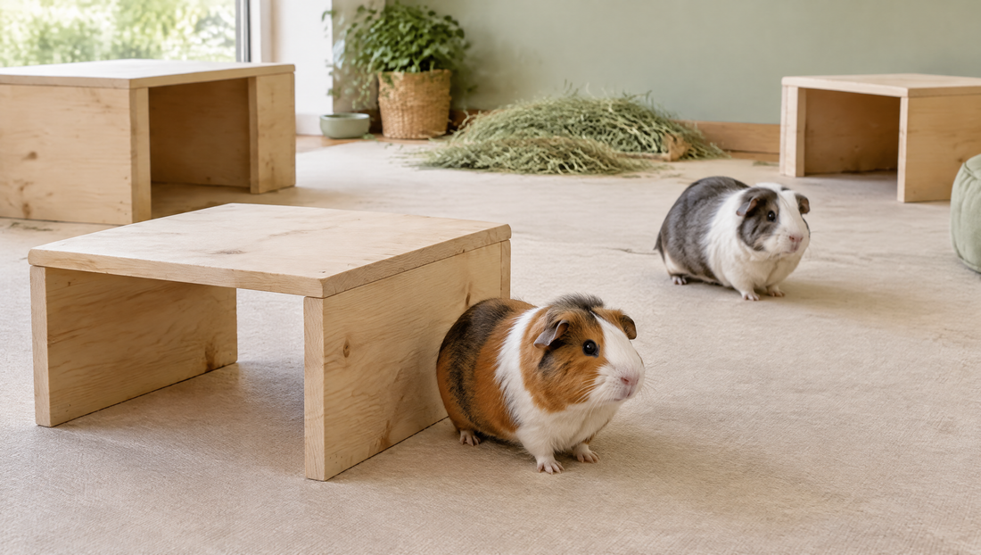 Zwei Meerschweinchen stehen zwischen geräumigen Holzunterständen mit freien Laufwegen.