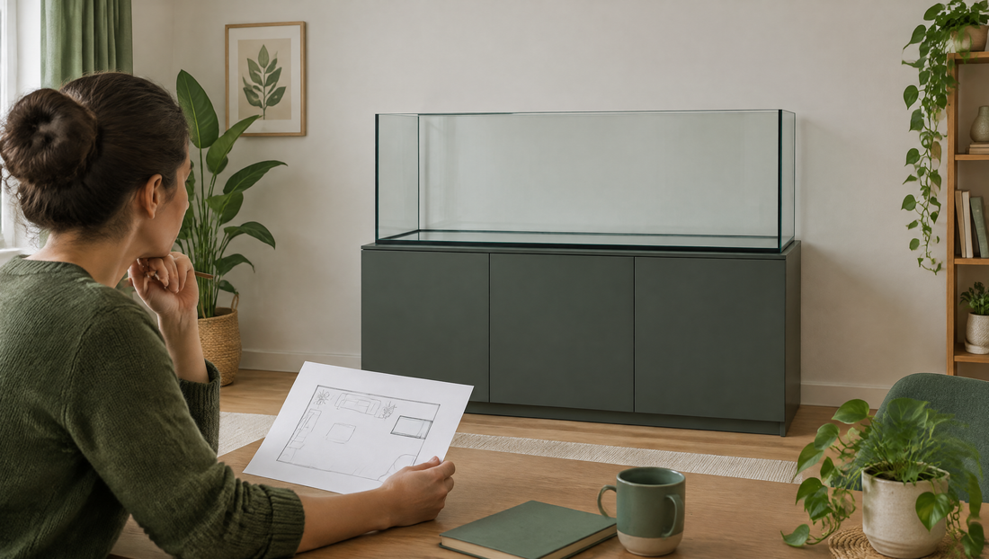 Eine Person mit Raumskizze betrachtet ein leeres Aquarium auf einem Unterschrank im Wohnzimmer.