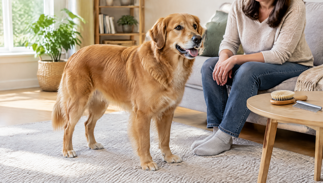 Golden Retriever neben seiner sitzenden Halterin; Bürste und Kamm liegen auf einem Beistelltisch.
