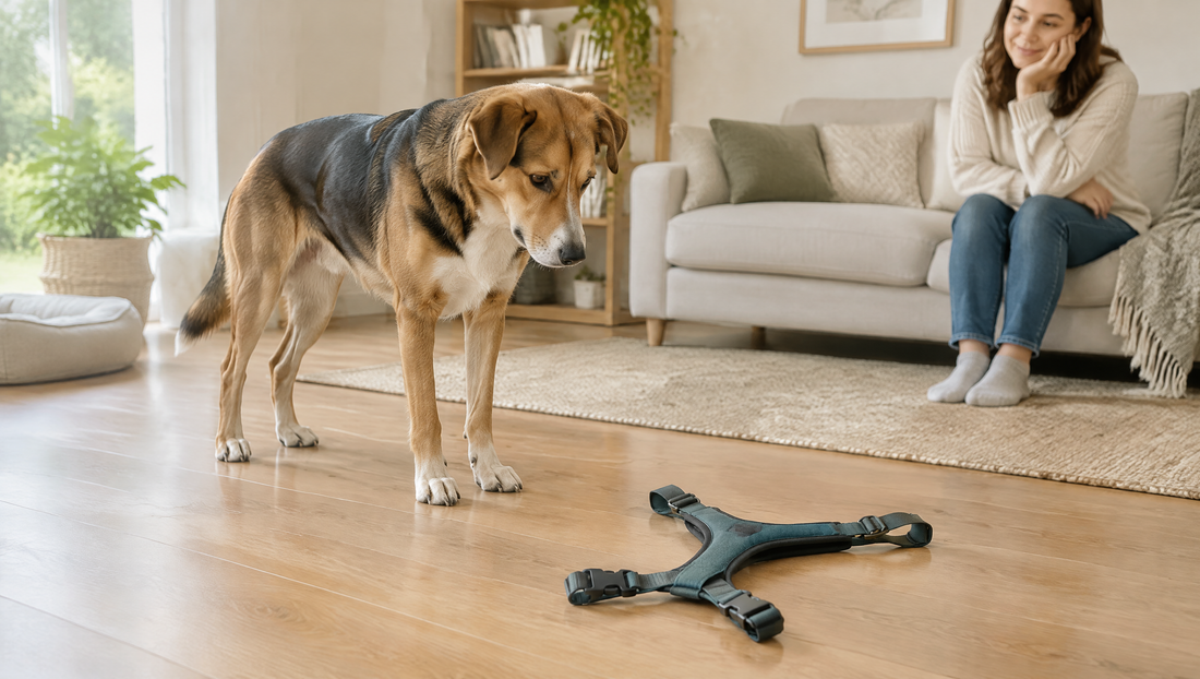 Hund betrachtet ein auf dem Boden liegendes Geschirr; seine Halterin sitzt mit Abstand auf dem Sofa.
