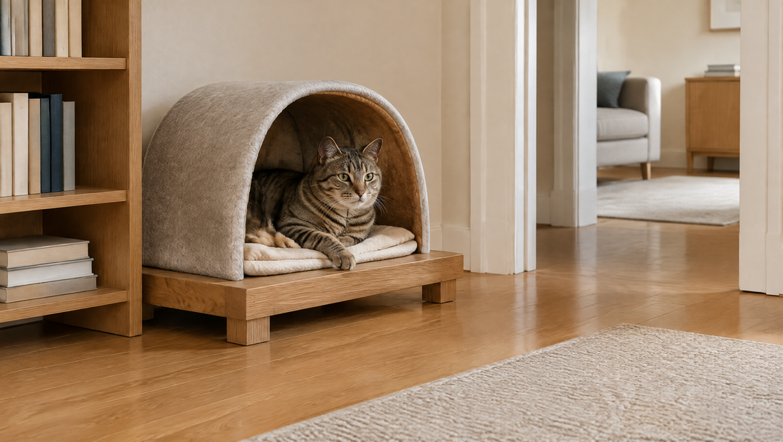 Getigerte Katze ruht in einer offenen beigen Katzenhöhle auf einer niedrigen Holzplattform.