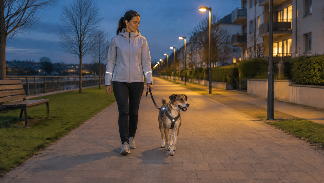 Eine Frau führt einen Hund mit leuchtendem Geschirr an lockerer Leine über einen beleuchteten Weg in der Abenddämmerung.