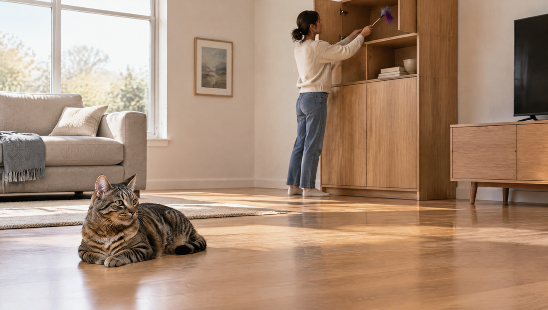 Eine Frau räumt ein Federspielzeug in ein oberes Schrankfach, während eine getigerte Katze auf dem Boden ruht.