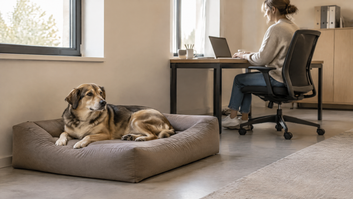 Hund ruht in einem taupefarbenen Bett neben einem besetzten Büroschreibtisch.