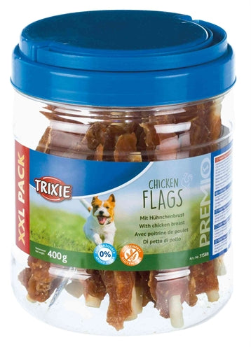 Premio Hühnerfahnen Hundesnack von Trixie Nahaufnahme der Kaustreifen