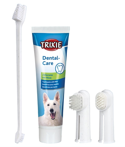Trixie Zahnpflege-Set für Hunde komplett mit Bürsten und Paste Frontansicht