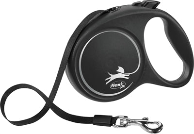 Schwarze Flexi Rollleine Designband – Seitenansicht mit Bandauszug