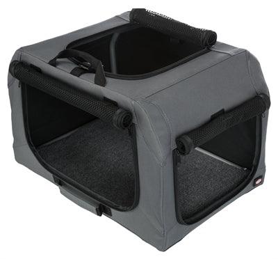 Hunde-Transportbox Trixie Easy Travel grau – Seitenansicht mit Netzfenster