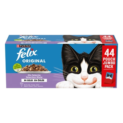 Felix Original Gelee-Mix-Box mit Rind, Huhn, Thunfisch und Lachs – Katzenfutter