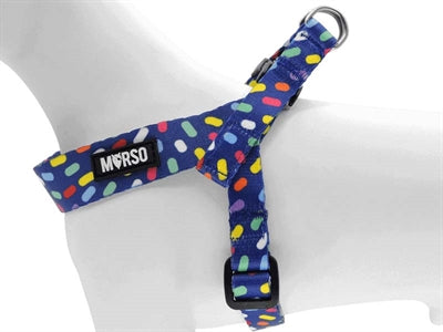 Morso Mini-Geschirr verstellbar recycelt Farbe Invaders lila Detailansicht Verschluss – kleines Hundegeschirr robust