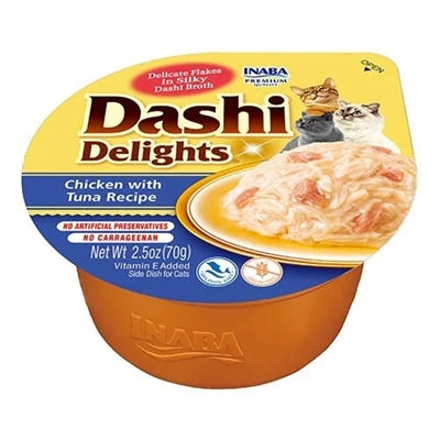 Inaba Dashi Delights Huhn Thunfisch Katzenfutter geöffnet – Nassfutter Brühe Stücke Nahaufnahme