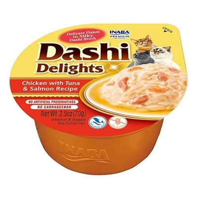 Inaba Dashi Delights Huhn Thunfisch Lachs geöffnet – Katzenfutter Brühe Fleischstücke Nahaufnahme