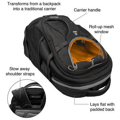 Kurgo G-Train Rucksack schwarz Nahaufnahme – bequemer Hunderucksack Fächer geöffnet Detail