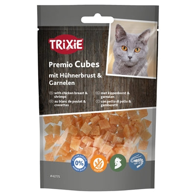 Trixie Premio Würfel Katzensnack mit Hühnerbrust und Garnelen – Frontansicht