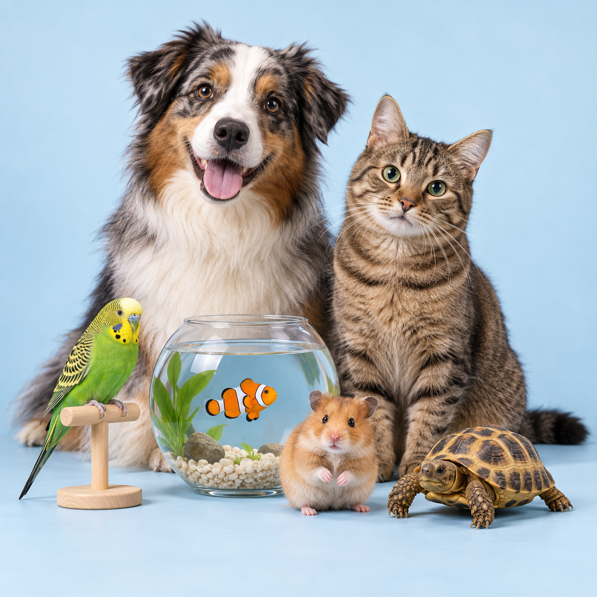 Hund, Katze, Hamster, Wellensittich, Clownfisch und Schildkröte vor hellblauem Hintergrund